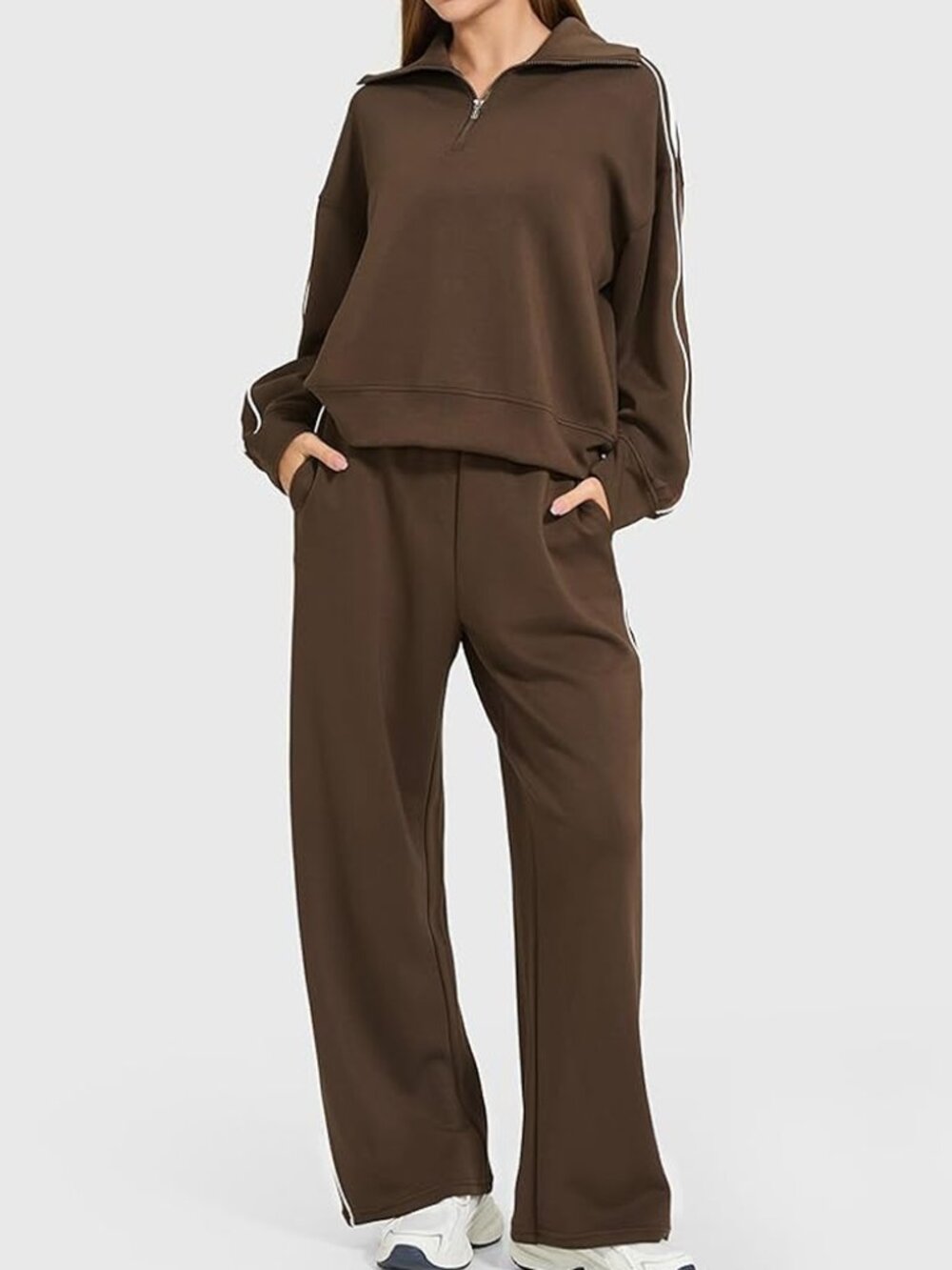 Athleisure Modal Blend Wide Leg Pants and Quarter Zip Top Track Set Loungewear